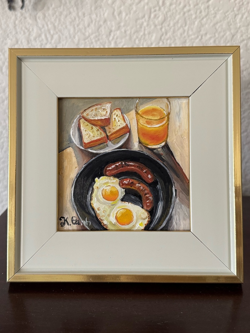 Original oil painting still life breakfast sausage eggs signed framed 4x4 inches